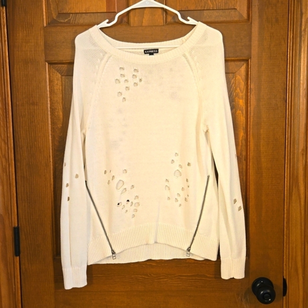 Express, Cream colored, distressed sweater. Size Small